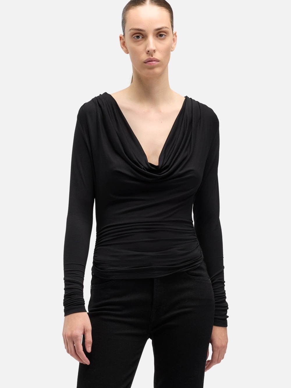 7 For All Mankind Black Draped Cowl Neck Long-Sleeve Top